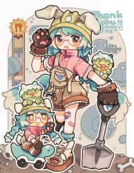  !? +_+ 1girl :3 :d animal_ears animal_hands asymmetrical_legwear bandaid bandaid_on_knee bandaid_on_leg black_socks blue_hair blue_socks blush_stickers boots braid brown_eyes brown_gloves brown_overalls chibi commentary commission dog_ears dog_girl dog_tail fang full_body glasses gloves green_helmet hand_up helmet highres holding holding_shovel long_hair looking_at_viewer mismatched_legwear mole mole_under_mouth open_mouth original overall_shorts overalls paw_gloves pink_shirt red-framed_eyewear round_eyewear shirt short_sleeves shovel skeb_commission smile socks standing strap_slip tabunnanhun tail thank_you thick_eyebrows twin_braids white_boots 