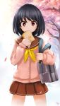  bag black_hair bread bread_in_mouth cardigan cherry_blossoms eating food food_in_mouth neckerchief original petals pleated_skirt red_eyes school_bag school_uniform serafuku short_hair signature skirt solo sugita sweater toast watermark 