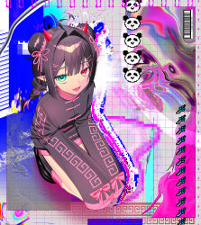 1girl absurdres ahoge barcode braid braided_ponytail commentary commission double_bun english_commentary hair_bun heterochromia highres horns long_hair original panda pixels pointy_ears signal_1120 skeb_commission solo very_long_sleeves 
