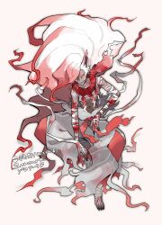  1boy animal_ears bandages black_nails character_name colored_sclera fingernails fox_ears full_body harurie highres hisuian_zoroark looking_at_viewer multicolored_hair pants personification pokedex_number pokemon pokemon_(creature) red_eyes red_hair red_scarf scarf sharp_fingernails sharp_toenails simple_background sitting solo toenails topless_male two-tone_hair white_background white_hair white_pants yellow_sclera 