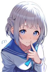  07nono06 1girl absurdres blue_eyes blue_neckerchief blue_ribbon blue_sailor_collar blue_skirt blush braid collarbone commentary_request gakuen_idolmaster grey_hair hair_ribbon half_up_braid highres idolmaster index_finger_raised katsuragi_lilja long_sleeves looking_at_viewer neckerchief ribbon ribbon_braid sailor_collar school_uniform serafuku shirt short_hair sidelocks simple_background skirt solo sweatdrop white_background white_shirt 
