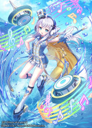  1girl 90kyuuri ahoge bass_clef beamed_eighth_notes blue_eyes blue_shirt blue_sky boots cloak clouds cloudy_sky copyright_notice eighth_note forte_(symbol) gloves grey_hair hat headphones holding holding_stick long_hair mini_hat mini_shako_cap musical_note musical_staff ocean official_art open_mouth outdoors quarter_note shako_cap sharp_sign shirt short_shorts shorts sixteenth_note sky sleeveless sleeveless_shirt sparkle splashing stick thigh_boots treble_clef white_gloves whole_note yui_(z/x) z/x 