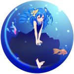  abe_kanari barefoot blue_hair dress drill_hair feet fish long_hair looking_at_viewer original pink_eyes smile solo sphere underwater water 