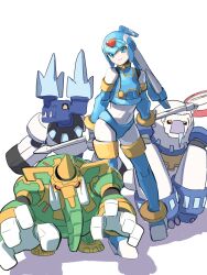  1girl absurdres armor blue_armor blue_helmet character_request fairy_leviathan_(mega_man) forehead_protector full_body group_picture helmet highres holding holding_polearm holding_weapon mega_man_(series) mega_man_zero_(series) non-humanoid_robot omochi_(mochi_skymega) polearm robot robot_animal simple_background spear weapon white_background 
