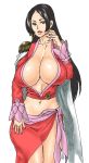  66head black_eyes black_hair boa_hancock breasts cape cleavage earrings female huge_breasts jewelry long_hair midriff one_piece simple_background solo white_background 