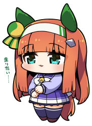  1girl :3 animal_ears blunt_bangs blunt_ends bow bowtie brown_shoes chibi chibi_only commentary_request ear_covers full_body green_eyes hairband highres horse_ears horse_girl horse_tail long_hair long_sleeves marimarimo open_mouth orange_hair pleated_skirt purple_sailor_collar purple_shirt purple_skirt purple_thighhighs sailor_collar school_uniform shirt shoes silence_suzuka_(umamusume) simple_background skirt solo standing tail thigh-highs tracen_school_uniform translation_request umamusume very_long_hair white_background white_bow white_bowtie white_hairband winter_uniform zettai_ryouiki 