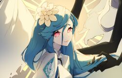  1girl absurdres commentary dizzy_(guilty_gear) eclipse english_commentary eyelashes flower from_side guilty_gear guilty_gear_strive hair_between_eyes hair_flower hair_ornament hand_in_another's_hair highres kwang_(nakwangg) lips long_hair looking_at_viewer queen_dizzy shaded_face sidelocks solo sun sunlight swept_bangs upper_body 