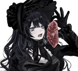  1girl akai_ringo_(eveyuno) arm_up black_bonnet black_bow black_bowtie black_dress black_gloves black_hair bonnet bow bowtie breasts dress expressionless fangs food frilled_bonnet frilled_sleeves frills gloves grey_eyes highres holding holding_food long_hair long_sleeves medium_breasts original raw_meat simple_background solo steak very_long_hair wavy_hair white_background 