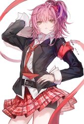  ahe63011 armband artist_name belt belt_buckle black_jacket black_shorts blazer buckle collared_shirt commentary_request contrapposto cowboy_shot dated hair_ornament hand_on_own_hip highres hinamori_amu jacket looking_at_viewer miniskirt necktie one_side_up parted_lips pink_hair plaid_clothes plaid_skirt pleated_skirt red_armband red_necktie red_ribbon red_skirt ribbon school_uniform seiyo_academy_school_uniform shirt shorts shorts_under_skirt shugo_chara! skirt white_shirt wing_collar x_hair_ornament yellow_eyes 