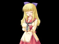  1girl 2000s_(style) :d ^_^ arms_under_breasts black_background blonde_hair blunt_bangs bow breasts closed_eyes collarbone cowboy_shot crossed_arms drill_hair drill_sidelocks game_cg grey_neckerchief hair_bow honoo_no_haramase_tenkousei huge_breasts long_hair long_sleeves looking_at_viewer miyasu_risa neckerchief open_mouth purple_bow red_sailor_collar ryuugasaki_reika sailor_collar sailor_shirt school_uniform serafuku shirt sidelocks simple_background skirt smile solo standing tachi-e twin_drills variant_set very_long_hair yellow_serafuku 