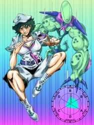  1girl 1other absurdres anchor_symbol araki_hirohiko_(style) belt blue_belt blue_lips boots collared_shirt eddybird55555 full_body gradient_background green_eyes green_hair hat highres holding holding_ladle jojo_no_kimyou_na_bouken ladle lipstick looking_at_viewer makeup murasa_minamitsu neckerchief parody pointing pointing_at_viewer sailor_hat shirt short_hair short_sleeves shorts simple_background stand_(jojo) style_parody touhou white_boots white_hat white_shirt white_shorts 
