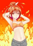  armpits arms_up cure_sunny fiery_background fire flat_chest hair_bun hair_ornament hairpin hino_akane midriff navel orange_(color) orange_background precure red_eyes red_hair redhead short_hair shorts smile_precure! solo sonyntendo 