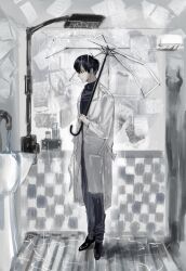  1boy absurdres black_eyes black_hair black_shirt checkered_wall coat faucet full_body highres holding holding_umbrella indoors kim_dokja male_focus mrjieshisu omniscient_reader&#039;s_viewpoint overflowing paper shampoo shirt short_hair shower_(place) shower_head sink soap solo standing umbrella wainscoting white_coat wooden_floor 