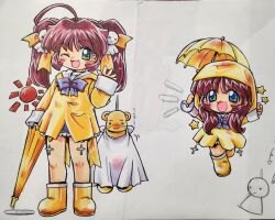  1boy 1girl ahoge arms_up bear bear_boy blue_bow blue_eyes blue_skirt blush_stickers boots bow chibi cloak closed_umbrella comic_candy_time commentary cross frilled_skirt frills full_body furry furry_male green_eyes hair_ornament hair_ribbon hand_up highres holding holding_umbrella kinako_(comic_candy_time) kokomahi long_hair long_sleeves looking_at_viewer multiple_views notice_lines official_art one_eye_closed open_mouth pink_hair puddle raincoat ribbon shirt sketch_inset skirt sleeves_past_wrists smile standing star_(symbol) star_in_eye sun symbol_in_eye teruterubouzu traditional_media twintails umbrella water waving white_background white_cloak white_shirt yellow_boots yellow_raincoat yellow_ribbon yellow_umbrella 