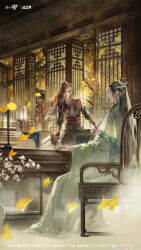  2boys ahoge architecture black_hair black_hanfu black_sash black_shirt book book_stack branch brown_eyes calligraphy_brush chair chinese_clothes chinese_text closed_mouth copyright_name east_asian_architecture falling_leaves faux_traditional_media flower flute ginkgo_leaf hair_bun hair_ribbon hanfu headband highres holding holding_calligraphy_brush holding_paintbrush indoors instrument kcllzas163 lamp lan_wangji lantern lattice leaf light_particles long_hair long_sleeves looking_at_another male_focus modao_zushi multiple_boys official_alternate_costume official_art on_chair paintbrush ponytail profile red_ribbon red_sash ribbon robe sash scroll shirt sidelocks sitting smile standing table topknot tree tunic vase watercolor_effect watermark wei_wuxian wei_wuxian_(yunmeng_clan) weibo_watermark white_flower white_hanfu white_headband wide_sleeves window xiao_guan_(headdress) 