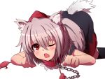 all_fours animal_ears bad_id bdsm black_legwear blush chain collar hat inubashiri_momiji kneehighs leash open_mouth red_eyes short_hair short_sleeves silver_hair simple_background solo tail tokin_hat tokumei top-down_bottom-up touhou white_background wink wolf_ears wolf_tail 
