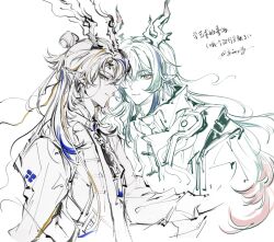  2boys aqua_hair arknights blonde_hair blue_hair brothers brown_eyes chinese_commentary chinese_text closed_mouth colored_tips curtained_hair dragon_boy dragon_horns earrings eastern_dragon_tail expressionless greyscale hair_between_eyes high_collar highres horns jacket jewelry ji_(arknights) long_hair long_sleeves looking_at_viewer male_focus mandarin_collar medium_hair mitterfly mole mole_under_eye monochrome multicolored_hair multiple_boys necktie one_eye_covered pink_eyes pink_hair pointy_ears profile robe siblings side-by-side sideways_glance simple_background smile smoke spot_color streaked_hair topknot upper_body white_background yi_(arknights) 