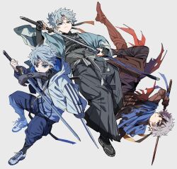  aqua_haori bandaged_foot bandaged_leg bandages black_hakama black_headband black_jacket black_kimono black_pants blue_eyes burnt_clothes cloak facial_mark fate/grand_order fate_(series) full_body hakama hakama_pants haori headband highres holding holding_sword holding_weapon jacket japanese_clothes katana kimono long_sleeves multicolored_jacket pants prosthesis prosthetic_arm prosthetic_leg prosthetic_sword scar scar_on_face scar_on_forehead sheath shoes sword toramaru_(696anna) torn_cloak torn_clothes toudou_heisuke_(fate) toudou_heisuke_(second_ascension)_(fate) toudou_heisuke_(third_ascension)_(fate) triple_vertical_stripe two-tone_jacket unsheathed unsheathing waraji weapon white_hair white_jacket white_shoes 