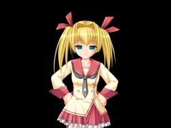  1girl 2000s_(style) black_background blonde_hair breasts closed_mouth collarbone cowboy_shot frilled_skirt frills game_cg green_eyes grey_neckerchief hair_between_eyes hair_intakes hair_ribbon half-closed_eyes hands_on_own_hips himemiya_eiko honoo_no_haramase_tenkousei large_variant_set long_sleeves looking_at_viewer medium_breasts medium_hair miniskirt miyasu_risa neckerchief red_ribbon red_sailor_collar red_skirt ribbon sailor_collar sailor_shirt school_uniform serafuku shirt simple_background skirt smile solo standing tachi-e twintails variant_set yellow_serafuku 