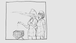  2girls blowing_smoke cigarette gloves go_go_ghost_ship greyscale hat highres holding holding_cigarette kashiran long_hair monochrome multiple_girls nurse nurse_cap parody sidelocks smoking tachibana_(sakusei_byoutou) yamaguchi_(sakusei_byoutou) 