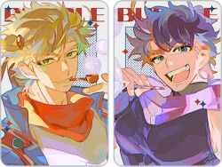  2boys battle_tendency blonde_hair blowing_bubbles blue_eyes blue_jacket brown_headband bubble caesar_anthonio_zeppeli commentary facial_mark feather_hair_ornament feathers fingerless_gloves gloves green_eyes hair_ornament headband holding holding_smoking_pipe jacket jojo_no_kimyou_na_bouken joseph_joestar joseph_joestar_(young) lowres male_focus mouth_hold multiple_boys pectorals pink_scarf popped_collar purple_gloves purple_hair purple_scarf purple_shirt red_scarf scarf senzzang shirt signature smile smoking_pipe split striped_clothes striped_scarf symbol-only_commentary white_shirt 