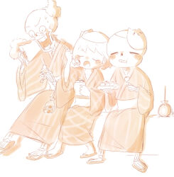  1other 2023 2boys 2d alternate_costume ambiguous_gender armor black_shorts blue_jacket blue_shorts brothers brown_hair cacaonibs00 cape child digital_media flip-flops frisk_(undertale) gloves grey_hood height_difference hollow_eyes hood hood_down hooded_jacket human humanoid jacket japanese_clothes male monochrome monster monster_boy multiple_boys open_clothes open_jacket orange_theme papyrus_(undertale) red_cape red_gloves sans_(undertale) shirt short_hair shorts siblings simple_background single_vertical_stripe skeleton striped_clothes striped_shorts teeth trio undead undertale utdr_(toby_fox) vertical-striped_clothes vertical-striped_shorts white_armor white_background white_shirt white_stripes yukata 