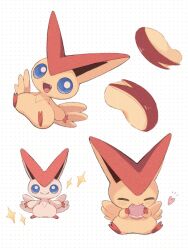  alternate_color apple apple_slice appyon_(archangel_ayp) blue_eyes blue_sclera closed_mouth colored_sclera eating fangs food fruit heart highres holding holding_food macaron no_humans open_mouth pokemon pokemon_(creature) pokemon_focus shiny_pokemon simple_background smile star_(symbol) victini 