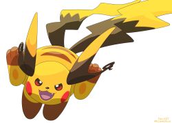  brown_eyes fang full_body highres komepan mega_pokemon mega_raichu_x multiple_tails no_humans open_mouth pokemon pokemon_(creature) pokemon_focus pokemon_legends:_z-a raichu red_eyes simple_background smile solo tail very_long_ears very_long_tail white_background yellow_fur 