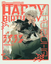  1boy akke_(akke299) barcode black-framed_eyewear black_nails black_sweater border cover dated ear_piercing earrings english_text fake_cover fake_magazine_cover fangs feet_out_of_frame fingernails glasses grey_pants hair_between_eyes hands_up happy_birthday highres jewelry knees_up kuzuha_(nijisanji) long_sleeves looking_at_viewer magazine_cover male_focus multicolored_sweater nail_polish nijisanji own_hands_together pants parted_lips piercing pointy_ears red_eyes ring round_eyewear sharp_fingernails short_hair sitting smile solo sweater turtleneck turtleneck_sweater virtual_youtuber white_hair 