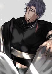  1boy black_shirt duryodhana_(fate) earrings facial_hair fate/grand_order fate_(series) goatee grey_background grey_hair highres indian_clothes jewelry looking_at_viewer male_focus mature_male midriff_peek navel oriya_1ryo sash shirt short_hair simple_background single_earring solo violet_eyes 
