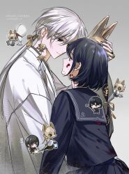  1boy 1girl black_hair black_nails black_sailor_collar black_sclera black_serafuku black_shirt black_skirt blood blood_on_face bridal_gauntlets bride chibi chibi_inset colored_sclera couple earrings fox_mask fox_mask_(silent_hill) grey_background grey_eyes gugulayle hair_between_eyes hair_ribbon heart heart-shaped_eyes hetero holding holding_lantern holding_lead_pipe holding_mask husband_and_wife japanese_clothes jewelry kimono lantern lead_pipe looking_at_another low_ponytail mask nail_polish ponytail ribbon robe sailor_collar school_uniform serafuku shimizu_hinako shirt silent_hill_(series) silent_hill_f single_earring skirt tassel tassel_earrings uchikake unworn_mask upper_body white_hair white_robe yellow_eyes 