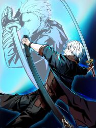  2boys aiiro47734463 black_pants blue_eyes clenched_teeth coat commentary devil_may_cry_(series) devil_may_cry_4 father_and_son fingerless_gloves gloves hair_slicked_back hashtag-only_commentary highres holding holding_sheath holding_sword holding_weapon katana long_sleeves male_focus multiple_boys nero_(devil_may_cry) pants scabbard sheath sleeves_rolled_up sword teeth vergil_(devil_may_cry) weapon white_hair yamato_(sword) 