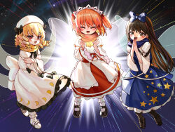  3girls black_shoes blonde_hair blue_dress blue_ribbon brown_eyes brown_hair closed_eyes dress hair_ribbon highres kourou_(kouroukun) long_hair long_sleeves luna_child multiple_girls open_mouth orange_hair red_eyes red_skirt ribbon shoes short_hair skirt sky smile socks star_(sky) star_sapphire starry_sky sunny_milk touhou white_dress white_shoes white_socks wings 