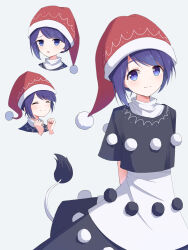  1girl :3 arms_behind_back black_dress black_shirt blue_eyes blush capelet closed_eyes closed_mouth commentary doremy_sweet dress grey_background hat highres looking_at_viewer multiple_expressions multiple_views nightcap ocooco open_mouth pom_pom_(clothes) purple_hair red_hat shirt simple_background smile tail tapir_tail touhou white_dress 