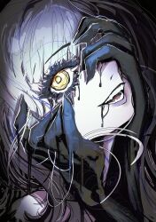  01neeto 1girl absurdres close-up covering_one_eye grey_hair hands_on_own_face highres hololive hololive_english looking_at_viewer open_mouth shiori_novella slime_(substance) solo teeth virtual_youtuber yellow_eyes 