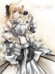  ahoge armor armored_dress bare_shoulders blonde_hair bow character_name detached_sleeves dress fate/stay_night fate/unlimited_codes fate_(series) flower gauntlets green_eyes hair_bow lily_(flower) ponytail rueme saber saber_lily smile solo watermark web_address 