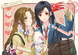  2girls aerith_gainsborough bag bag_charm black_hair blue_jacket bomb_(final_fantasy) braid braided_ponytail brown_background brown_hair cardigan character_charm character_name charm_(object) closed_mouth collared_shirt copyright_name final_fantasy final_fantasy_vii green_eyes grid_background hair_ribbon heart highres holding holding_phone holding_stuffed_toy jacket long_hair moogle multiple_girls necktie official_alternate_costume one_eye_closed open_mouth parted_bangs phone pink_ribbon quichi_91 red_eyes red_necktie ribbon sabotender school_uniform selfie shirt shoulder_bag sidelocks single_braid smile spoken_heart stuffed_animal stuffed_toy taking_picture tifa_lockhart upper_body white_shirt yellow_cardigan 