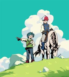  2boys aqua_eyes artist_name black_eyes black_gloves blue_boots blue_vest boku_no_hero_academia boots brown_boots chiou! closed_mouth clouds cloudy_sky collared_shirt freckles gloves green_hair green_vest grey_gloves grey_pants hair_between_eyes heterochromia holding holding_reins horseback_riding looking_at_another male_focus midoriya_izuku multicolored_hair multiple_boys official_alternate_costume open_mouth outdoors pants pointing red_hair reins riding rock shirt short_hair sky smile todoroki_shoto two-tone_hair vest white_hair white_shirt 