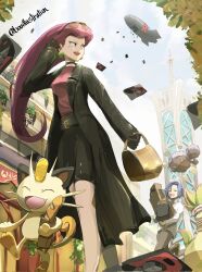  1boy 1girl bag bo_(bouillustration) closed_eyes eyewear_on_head highres james_(pokemon) jessie_(pokemon) lumiose_city mega_pokemon mega_victreebel pokemon pokemon_(anime) pokemon_(creature) pokemon_legends:_z-a prism_tower rocket sunglasses team_rocket victreebel walking 