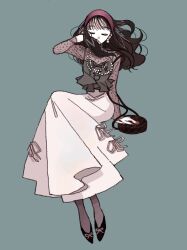  1girl adjusting_hair bag black_hair black_shoes bow choppy_bangs closed_eyes earrings facing_viewer fingernails green_background green_tank_top hair_over_mouth hairband hand_in_own_hair highres invisible_chair jewelry legs_together long_hair long_skirt long_sleeves nail_polish necklace original pearl_necklace polka_dot polka_dot_shirt red_nails see-through_clothes see-through_shirt shirt shoes shoulder_bag simple_background sitting skirt solo tank_top urayaka white_skirt 