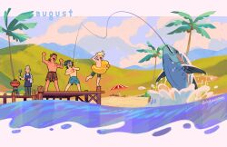  4boys apron arm_tattoo august beach beach_umbrella black_hair blonde_hair blue_apron blue_male_swimwear brown_hair cheering chiou! chocobo cooking dock duck_innertube final_fantasy final_fantasy_xv fish fishing fishing_rod full_body gladiolus_amicitia glasses grilling holding holding_fishing_rod holding_spatula ignis_scientia innertube male_focus male_swimwear multiple_boys noctis_lucis_caelum one_eye_closed open_mouth palm_tree print_male_swimwear prompto_argentum short_hair smile spatula spiky_hair swim_ring tattoo topless_male towel towel_on_arm tree twitter_username umbrella 