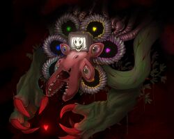 1boy 2015 2d alternate_form artist_name black_background claws colored_sclera crt dark_background deviantart_username digital_media eldritch_abomination extra_eyes extra_mouth flowey_(undertale) glowing green_eyes heart male male_only monster monster_boy photoshop_flowey pipann plant red_claws red_sclera signature simple_background teeth television_screen undertale utdr_(toby_fox)