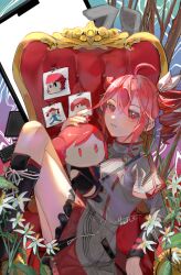  1girl ahoge black_boots black_skirt blue_background blush boots buttons cellphone commentary_request double-breasted double-parted_bangs drawing_(object) drill_hair flower grey_jacket grey_skirt grin hair_between_eyes highres hito_mania_(utau) honto_no_(utau) igaku_(utau) jacket kasane_teto kasane_teto_(sv) kasane_teto_(utau) knee_boots kneehighs lace-up_boots layered_skirt layered_sleeves long_sleeves mini_hen_(utau) musical_staff musical_staff_print phone purple_background red_eyes red_hair red_skirt red_socks red_trim rnp_02 sitting_on_throne sitting_sideways skirt smartphone smile socks striped_clothes striped_jacket striped_skirt stuffed_toy synthesizer_v throne twin_drills utau white_flower 