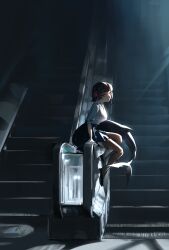  1girl 2bmm2 absurdres black_hair black_pantyhose black_shoes blue_skirt blunt_bangs breasts closed_mouth collared_shirt colored_inner_hair commentary_request ellen_joe ellen_joe_(on_campus) escalator eyelashes fins fish_tail from_side full_body highres korean_commentary large_breasts looking_at_viewer multicolored_hair official_alternate_costume pantyhose pink_hair pleated_skirt red_eyes shadow shark_girl shark_tail shirt shoes short_hair sitting skirt sleeves_rolled_up solo tail two-tone_hair variant_set white_shirt zenless_zone_zero 