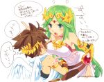  angel_wings blue_eyes blush bouncing_breasts breasts brown_hair choker crown ear_blush from_behind frown gauntlets goddess green_hair hirano_kei jewelry kid_icarus large_breasts long_hair necklace nintendo open_mouth palutena pit pit_(kid_icarus) scolding short_hair translated translation_request tunic wings 