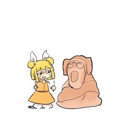  1girl blonde_hair double_bun dress full_body hair_bun hair_ribbon haniyasushin_keiki highres joutouguu_mayumi kneeling kyuukei_usagi open_mouth ribbon short_hair simple_background solo statue sweat touhou v-shaped_eyebrows white_background white_ribbon yellow_dress 