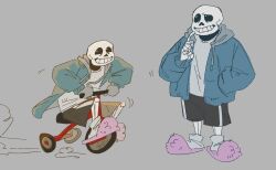  1boy 2024 2d black_shorts blue_jacket digital_media full_body grey_background grey_hood ground_vehicle hand_in_pocket hollow_eyes hood hood_down hooded_jacket humanoid ilove_borzois index_finger_raised jacket male male_focus male_only monster monster_boy multiple_views open_clothes open_jacket pink_slippers riding riding_tricycle sans_(undertale) shirt shorts simple_background single_vertical_stripe skeleton slippers socks solo standing striped_shorts teeth tricycle undead undertale utdr_(toby_fox) vehicle vertical-striped_clothes vertical-striped_shorts white_shirt white_socks white_stripes 