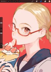  1girl art_program_in_frame blonde_hair braid commentary_request crepe eyelashes food food_in_mouth fruit glasses highres holding holding_crepe holding_food juusan_kihei_bouei_ken kisaragi_tomi looking_at_viewer mossan351 parted_hair red-framed_eyewear red_background school_uniform semi-rimless_eyewear serafuku solo strawberry strawberry_slice twin_braids unfinished upper_body 