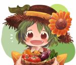  1nenmono :d ascot basket blush carrot chibi child cucumber eggplant fang flower food green_hair happy hat hat_flower hat_ribbon kazami_yuuka open_mouth red_eyes ribbon shirt short_hair smile solo straw_hat sunflower tomato touhou vest youkai 