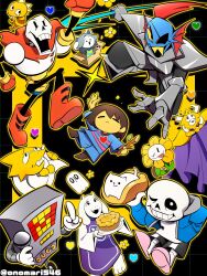  0_0 2025 2d 2others 3girls 5boys alphys ambiguous_gender animal animal_ears ankle_boots annoying_dog anthro armor asgore_dreemurr beard black_background black_eyepatch black_shorts blonde_hair blue_jacket blue_shirt blue_shorts blue_skin boots brothers brown_boots brown_hair buck_teeth cape character_request child colored_sclera colored_skin cousins digital_media dog double_horizontal_stripe droopy_ears ear_fins everyone eyepatch facial_hair female fins fish fish_girl floppy_ears flower flowey_(undertale) food frisk_(undertale) full_body furry furry_female furry_male ghost gloves goat goat_boy goat_ears goat_girl goat_horns grey_hair grey_hood hand_in_pocket head_fins heart height_difference high_ponytail highres holding holding_food holding_microphone holding_plate holding_stick hood hood_down hooded_jacket horizontal-striped_clothes horns human humanoid jacket lizard lizard_girl lizard_tail long_hair male mammal mettaton mettaton_(box) microphone monster monster_boy monster_girl monster_kid_(undertale) multiple_animal_ears multiple_boys multiple_girls multiple_others napstablook non-humanoid_robot one_eye_closed onomari546 open_clothes open_jacket open_mouth orange_outline outline papyrus_(undertale) pastry pie pink_slippers pink_stripes pixel_heart plant plate ponytail red_boots red_cape red_gloves red_hair reptile reptile_girl reptile_tail robot robot_boy sans_(undertale) scalie sharp_teeth shirt short_hair shorts siblings simple_background single_vertical_stripe skeleton slippers slit_pupils stick striped_clothes striped_shirt striped_shorts tail teeth temmie toriel two-tone_shirt undead undertale undyne utdr_(toby_fox) vertical-striped_clothes vertical-striped_shorts wheel white_armor white_dog white_fur white_gloves white_horns white_shirt white_stripes yellow_flower yellow_sclera yellow_shirt yellow_skin yellow_stripes yellow_teeth 